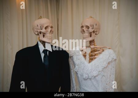 Squelettes dans la robe de mariage de mariée juste marié, concept fête d'Halloween. Banque D'Images