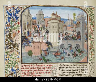 Défaite de la Jacquerie le 9 juin 1358 (miniature des grandes chroniques de France par Jean Froissart), CA 1470-1475. Trouvé dans la Collection de Biblioth&#xe8;que nationale de France. Banque D'Images