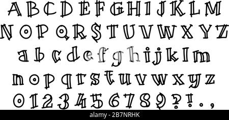 Alphabet latin vectoriel dessiné à la main isolé sur fond blanc. Les lettres sont en noir. Illustration de Vecteur