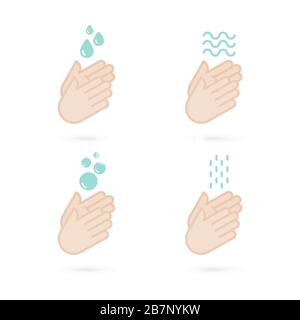 Jeu d'icônes de lavage des mains. Mains avec symboles d'eau. Prévention contre les virus, les bactéries, la grippe, le coronavirus. Concept d'hygiène, de propreté, de désinfection Illustration de Vecteur