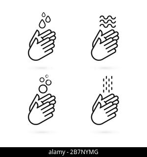 Jeu d'icônes de lavage des mains. Mains avec symboles d'eau. Prévention contre les virus, les bactéries, la grippe, le coronavirus. Concept d'hygiène, de propreté, de désinfection Illustration de Vecteur