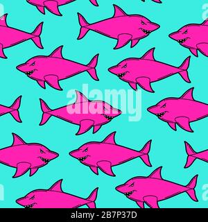 Motif sans couture avec requins à dessin animé. Milieu urbain coloré adolescence créatif. Illustration de Vecteur