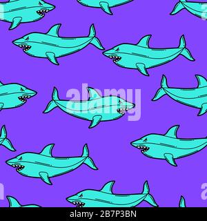 Motif sans couture avec requins à dessin animé. Milieu urbain coloré adolescence créatif. Illustration de Vecteur