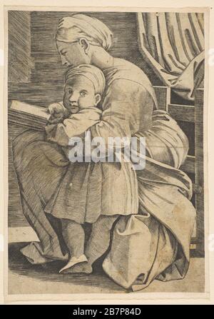 La Vierge à la lecture avec le bébé Christ; femme assise dans le profil face à gauche et à la lecture avec un bras autour d'un enfant qui regarde vers le spectateur, CA. 1515-1600. Après un tirage attribué à Marco Dente. Après Raphaël Banque D'Images