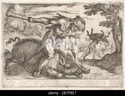 Hercules et le Boar d'Erymanthus: Hercules maintient le museau du boar avec sa main gauche et lève son club avec sa main droite, au milieu Hercules porte le boar sur ses épaules, de la série "les Labors d'Hercules", 1608. Banque D'Images