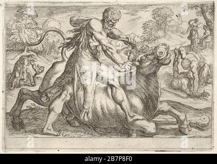 Hercules et Achelous: Au centre Hercules saisit les cornes d'un taureau tout en pressant son pied droit sur sa jambe, à gauche Hercules lutte un serpent, à droite Hercules lutte une figure masculine sur le sol, de la série «les Labors d'Hercules», 1608. Banque D'Images