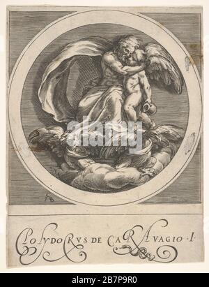 Jupiter, assis au-dessus de deux aigles et embrassant Cupid, une composition ronde d'une série de scènes mythologiques après Polidoro da Caravaggio, CA. 1590. Banque D'Images