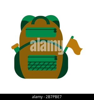 Sac à dos pour la randonnée. Bouteille d'eau dans la poche, case à cocher. Illustration de couleur verte. Bagages pour emballer des objets lors d'un voyage, voyage Illustration de Vecteur