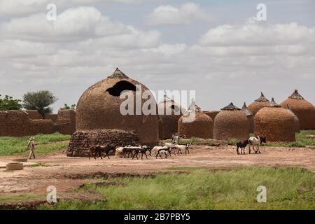 Agriculteur dans la zone du Sahel Afrique occidentale huttes de boue traditionnelles Banque D'Images