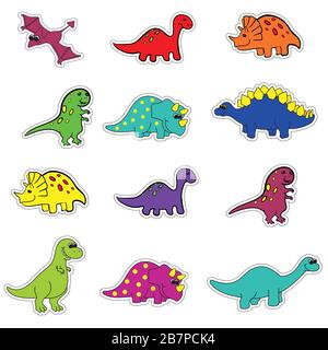 mignon dessin animé coloré variété d'autocollants de dinosaures avec contour pour couper, vecteur. Tyrannosaure, Diplodocus, stégosaurus, Triceratops. Illustration de Vecteur