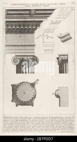 Corniche et colonne du Temple de Fortuna virilis (Tempio della Fortuna virile), de 'le Antichit&#xe0; Romane', 1756. Banque D'Images