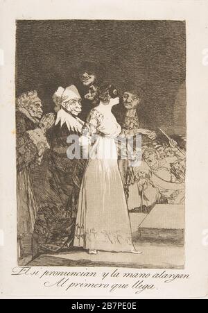 Plaque 2 de 'Los Caprichos' : ils disent oui et donnent leur main au premier comer (El si pronuncian y la mano alargen al primero que lega), 1799. Banque D'Images