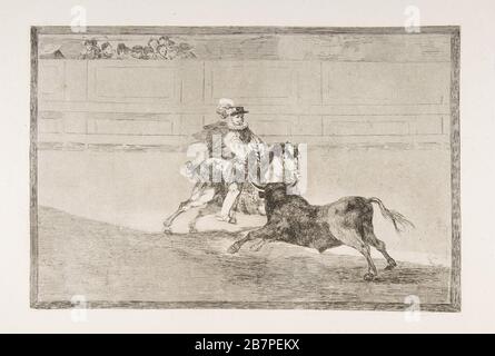 Plaque 13 de la "Tauromaquia": Un chevalier monté en Espagne dans l'anneau brisant des cisailles courtes sans l'aide d'assistants, 1816. Banque D'Images