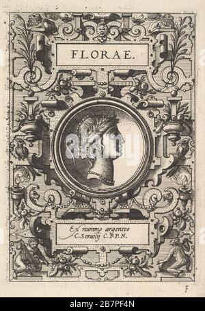 Buste de Florae entouré de strapwork, de la série «Deorum dearuque», un ensemble d'images de déités après des pièces dans la collection d'Abraham Ortelius, 1573. Banque D'Images