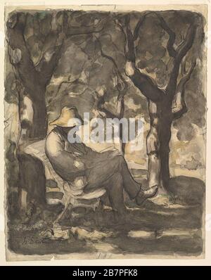 Un homme en lecture dans un jardin (recto); esquisse préliminaire pour un homme en lecture dans un jardin (verso), CA. 1865. Banque D'Images