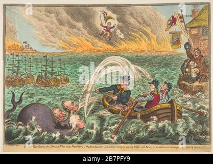 British TARS Tawing la flotte danoise dans le port, le Léviathan à fond large essayant le Vieux bateau de Billy, et le petit totarissement Corse sur les nuages de l'ambition, le 1er octobre 1807. Banque D'Images