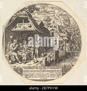 Enoch et sa famille entourant une table de repas et tenant leurs mains dans un geste de prière; derrière eux se trouve l'extrémité ouverte de la maison; à droite, une femme donne du pain à un enfant, un jeune homme et un vieil homme, CA. 1580-1623. Banque D'Images