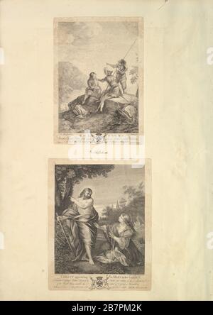 Feuille d'Aedes Walpolianae montée de deux reproductions: A): Trois soldats; b): Christ apparaissant à Marie dans le jardin, XVIIIe-XIXe siècle. Après Salvator Rosa. Et William Walker après Pietro da Cortona Banque D'Images