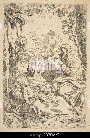 Repos en Egypte, Sainte famille assise alors qu'un ange tire aux branches d'arbres, copie après Cantarini, CA. 1637-1639 ou après. Banque D'Images