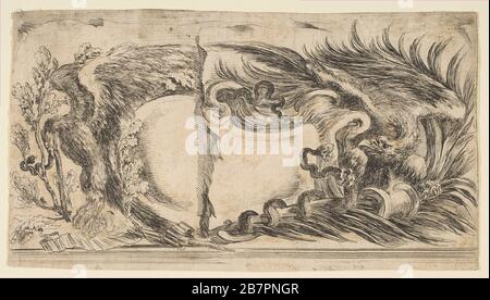 Deux moitiés différentes de cartouchent chacune montrant un aigle Fighting A Serpent, 1646. Banque D'Images