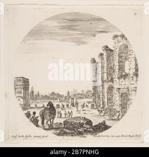 Plaque 9: L'Arc de Constantin à gauche, partie du Colisée à droite, divers chevaux et figures en premier plan et en arrière-plan, des 'paysages et ruines romainess' (Paysages et ruines de Rome), CA. 1646. Banque D'Images