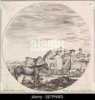 Plaque 12: Un berger dormant sur le sol à droite, trois chevaux à gauche, d'autres chevaux et de diverses figures à droite, les bains de Dioclétien en arrière-plan, une composition ronde, des 'paysages et ruines romains' (Paysages et ruines de Rome), CA. 1643-48. Banque D'Images