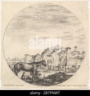 Plaque 12: Un berger dormant sur le sol à droite, trois chevaux à gauche, d'autres chevaux et de diverses figures à droite, les bains de Dioclétien en arrière-plan, une composition ronde, des 'paysages et ruines romains' (Paysages et ruines de Rome), CA. 1643-48. Banque D'Images