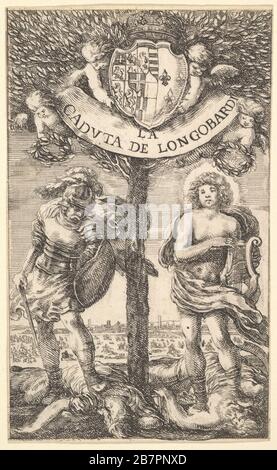 Frontispiece pour 'la chute de Longobardi' (la Caduta de' Longobardi), poèmes de Sigismond Boldoni; un arbre de laurier au centre, deux putti tenant le manteau des bras de Christine de France, duchesse de Savoie, à qui les poèmes sont dédiés, deux putti ci-dessous tenant la bannière avec le titre, Placer des couronnes de laurier sur les têtes d'Apollon à droite et de Mars à gauche, 1656. Banque D'Images