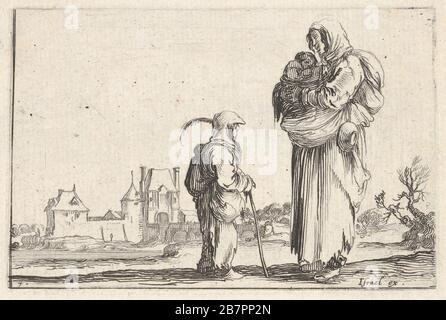 Plaque 7: Une paysanne transportant un enfant à droite, parlant à un autre enfant debout face à droite au centre, un château à gauche en arrière-plan, de 'Caprice faict par de la Bella', CA. 1642. Banque D'Images