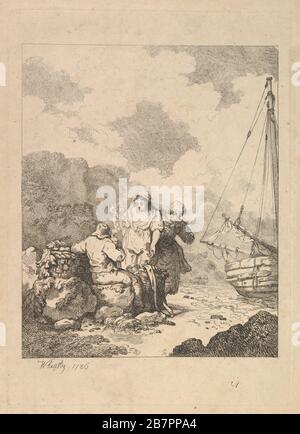 Pêcheurs sur la rive - scène côtière avec un homme assis sur les rochers et fumer un tuyau, à côté d'une jeune femme debout, avec une deuxième femme derrière, 1786. Banque D'Images