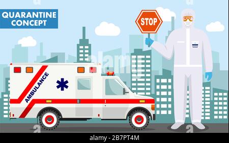 Quarantaine et concept médical. Illustration détaillée d'un médecin d'urgence dans une combinaison de protection et masque près d'une ambulance en arrière-plan avec paysage urbain Illustration de Vecteur