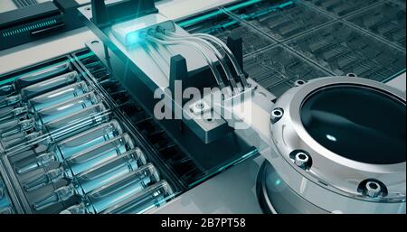 Chaîne de fabrication pharmaceutique. Machine d'emballage automatique en carton pour l'emballage d'ampoules avec vaccins et médicaments. Filtre à ombre froide Banque D'Images
