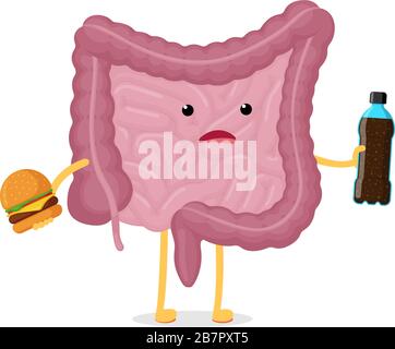 Triste personnage d'intestin malade avec bouteille de soda et hamburger. Cavité abdominale digestive et excrétion organe humain interne malsain. Mauvaise nutrition rapide aliment indigestion concept vecteur plat illustration Illustration de Vecteur