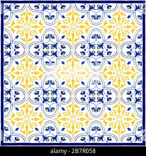 Foulard à motif mosaïque azulejos portugais et bandana. Décoration traditionnelle mosaïque portugaise. Œuvres d'art bleu et jaune aquarelle. Céramique antique tileable, patrimoine. Panneau peint à l'ancienne avec motif fleuri Banque D'Images