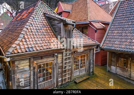 Bryggen le vieux quartier de Bergen avec des maisons en bois, Norvège Banque D'Images