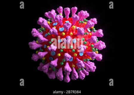 Coronavirus COVID-19 infection de rendu tridimensionnel. Cellules du virus covid de l'influenza respiratoire à agent pathogène flottant. Illustration réaliste du virus. Banque D'Images