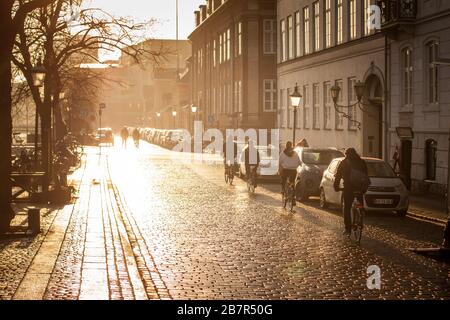 Une file d'attente de cyclistes qui se rendant au travail tôt le matin. La rue en pierre de galets mouillée brille dans le reflet du soleil du matin. Pas de voiture dans la rue, juste Banque D'Images