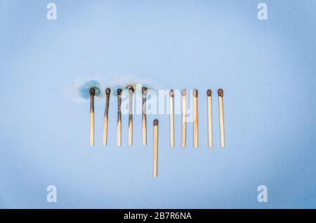 Les allumettes brûlent, une seule pièce empêche le feu de se propager - le concept de la façon d'empêcher le coronavirus de se propager. Concept pour arrêter la contagion o Banque D'Images