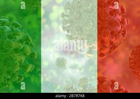 Image du coronavirus covid 19, avec drapeau italien superposé. Pandémie mondiale, contagieuse Banque D'Images