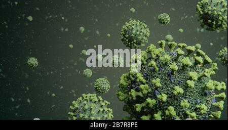 Groupe contagieux de molécules de virus de la grippe Corona COVID-19 flottant dans les particules vertes - microscopique Résumé - pandémie de coronavirus nCOV Banque D'Images