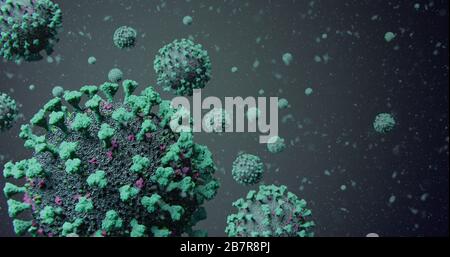 Groupe bleu contagieux de molécules du virus de la grippe Corona COVID-19 flottant dans les particules - microscopique Résumé - éclosion pandémique de coronavirus nCOV Banque D'Images