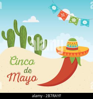 cinco de mayo carte d'invitation poivre avec chapeau cactus mexicain célébration illustration vectorielle Illustration de Vecteur