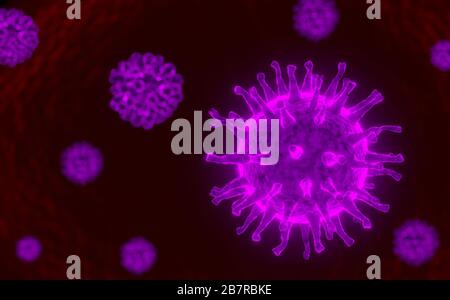 Cellule de coronavirus à l'intérieur du corps humain. Cellule COVID-19 en vue microscope. Rendu réaliste. Modèle de simulation de virus dans les infections respiratoires. Conceps Banque D'Images