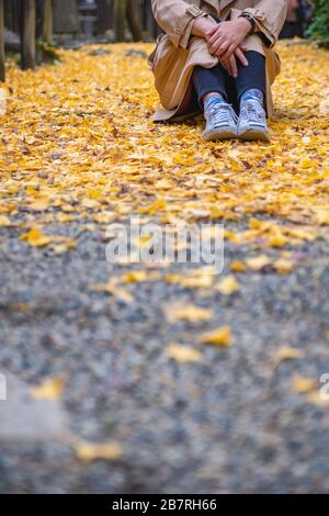 Gros plan image d'une femme assise seule dans la rue avec des feuilles de ginko jaune couverture en automne Banque D'Images