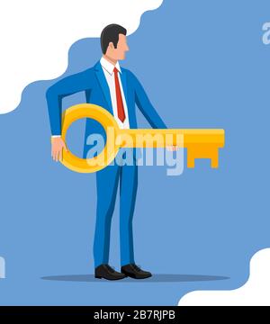Homme d'affaires en costume tenant une grande clé d'or. Illustration de Vecteur