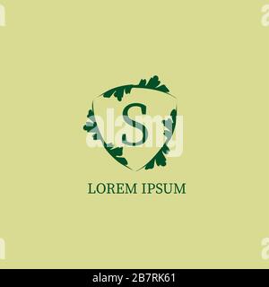 Modèle de logo alphabétique lettre S. Protection de la nature, concept de logo de sécurité. Isolé sur la couleur beige verte. Panneau décoratif à motif fleuri Illustration de Vecteur