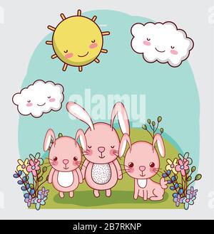 animaux mignons, adorables petits lapins familiaux dans l'herbe avec fleurs dessins vectoriels dessins animés Illustration de Vecteur