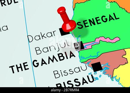 Gambie, Banjul - capitale, épinglée sur la carte politique Banque D'Images