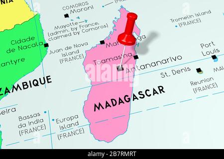 Madagascar, Antananarivo - capitale, épinglée sur la carte politique Banque D'Images