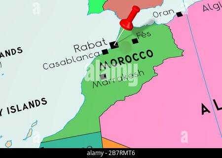 Maroc, Rabat - capitale, épinglée sur la carte politique Banque D'Images